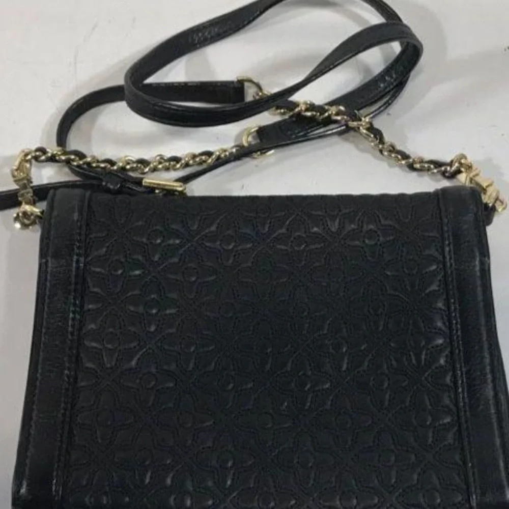 Women’s Tory Burch Elegant Black Quilted Leather Fold Over Crossbody Bag